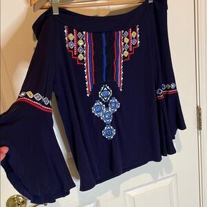Boston Proper Blue and Red Off Shoulder Bell Sleeve Blouse